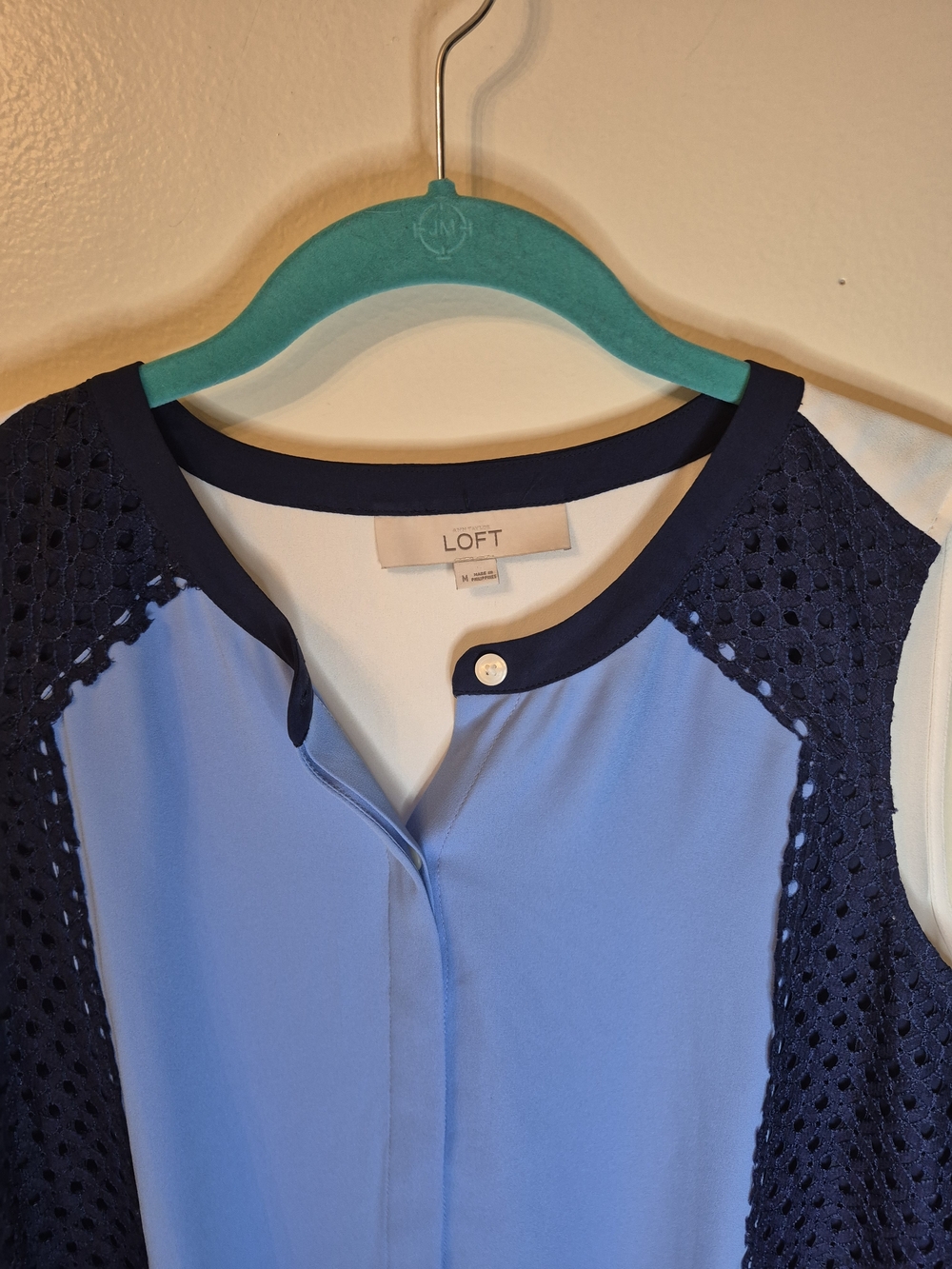 LOFT Sleeveless Colorblock Eyelet Shell - Light Blue & Navy - Picture 3 of 6